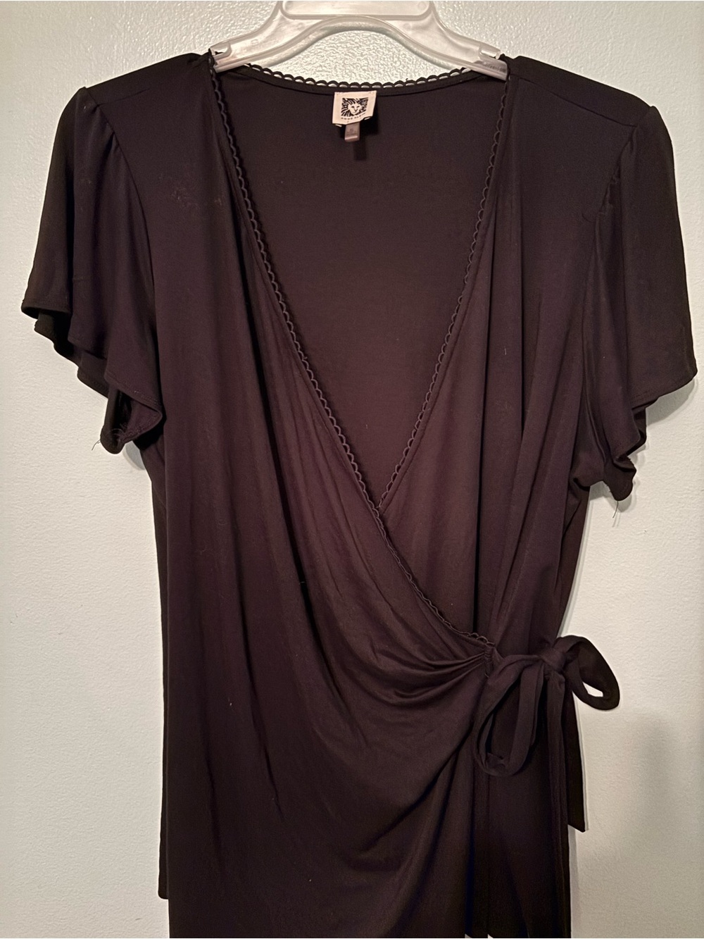 Anne Klein Black Wrap Tunic with Flutter Sleeves and Side Tie